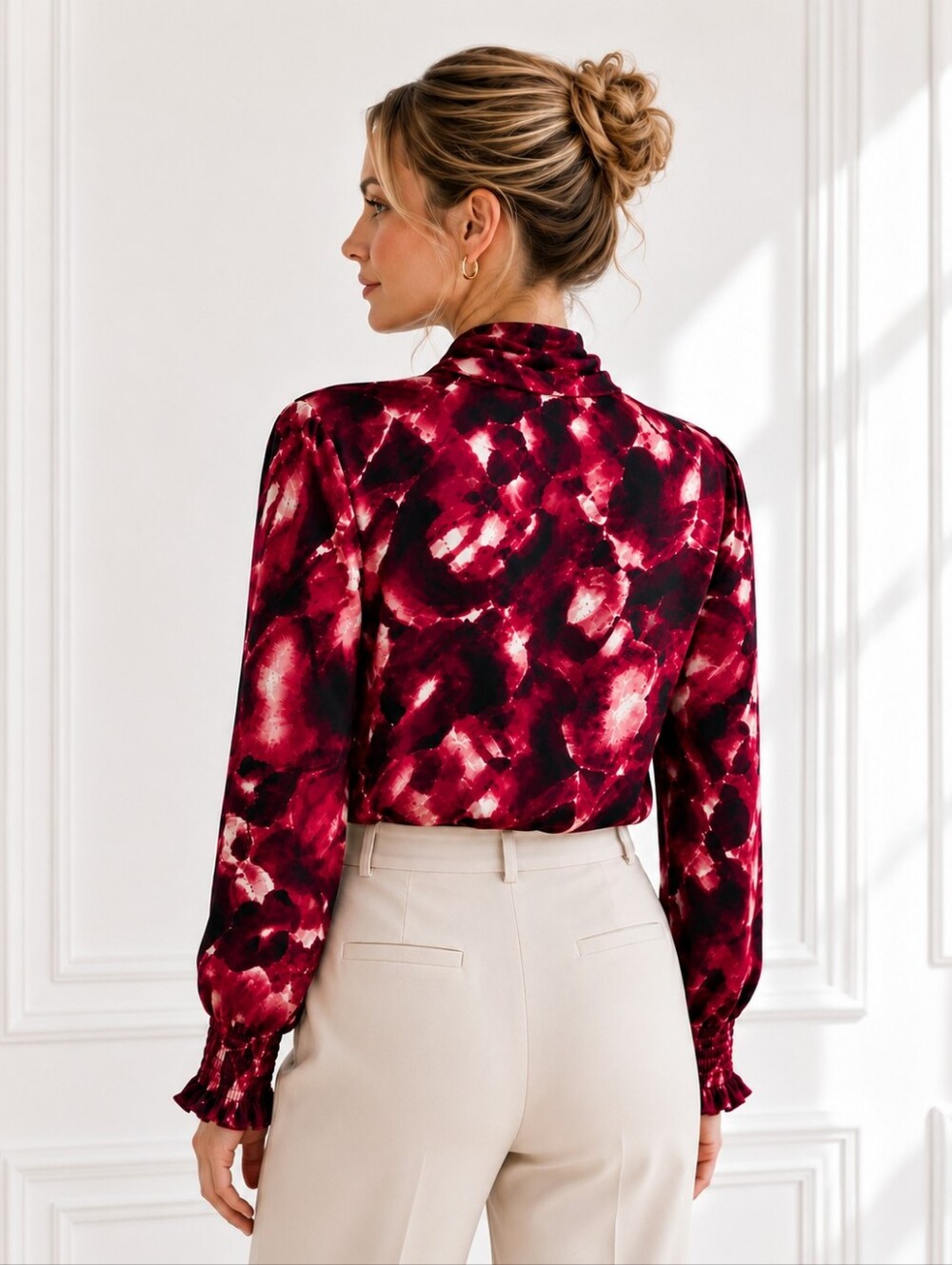 Eva Longoria Floral Tie Neck Blouse | XL | Burgundy Pink Long Sleeve Career Top - Picture 2 of 8